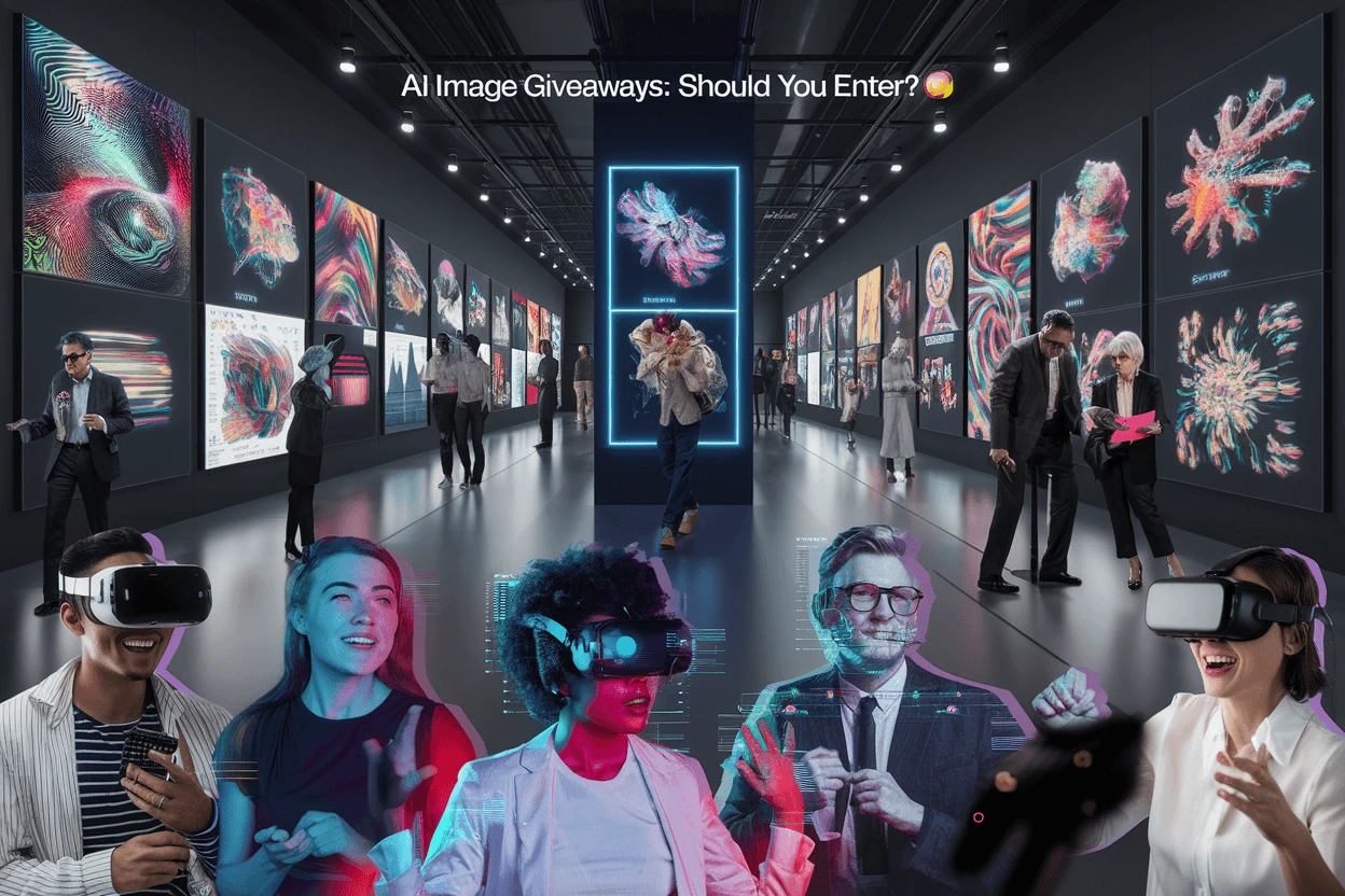 AI image giveaways 2025 displayed in a virtual gallery with excited participants and digital artwork