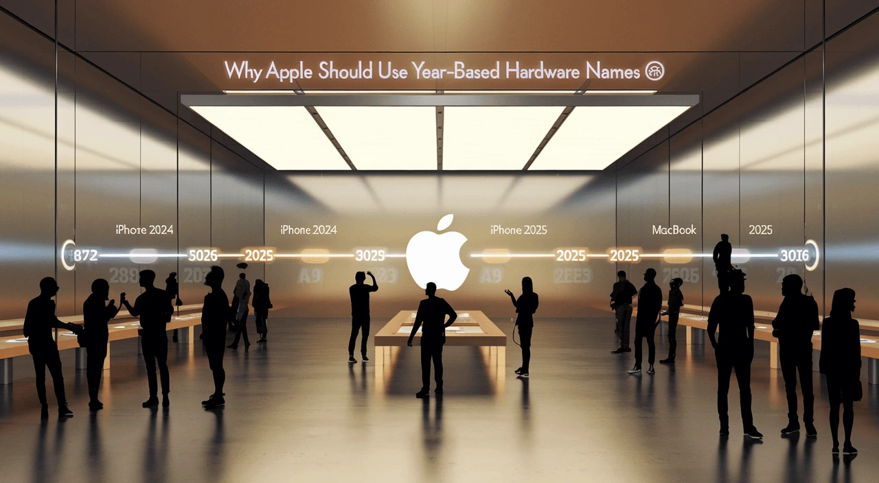People browsing Apple devices in a futuristic showroom, with a banner reading “Why Apple Should Use Year-Based Hardware Names”