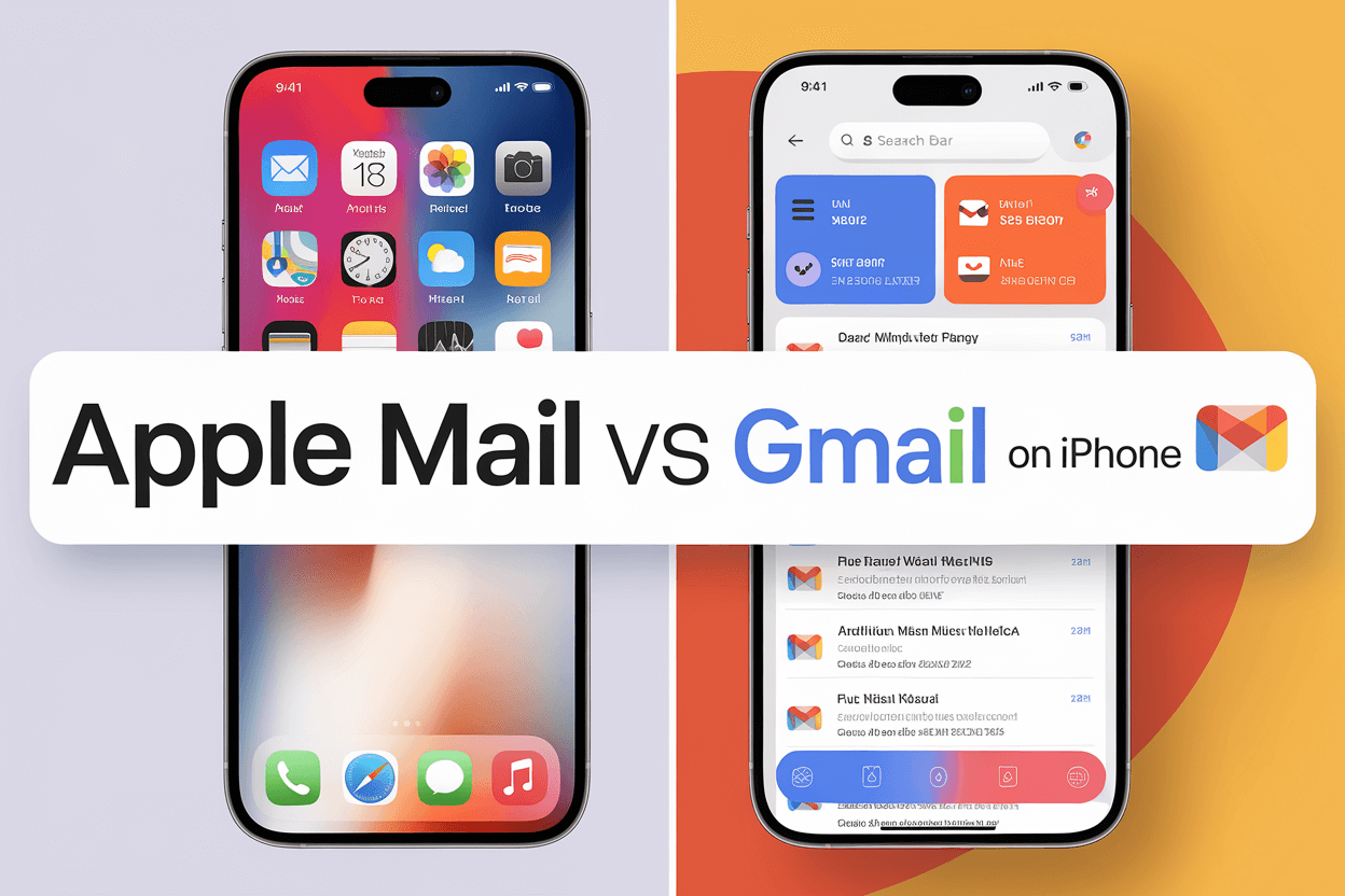 Apple Mail vs Gmail on iPhone – A visual comparison of the Apple Mail app and Gmail app interfaces side-by-side on iPhones.