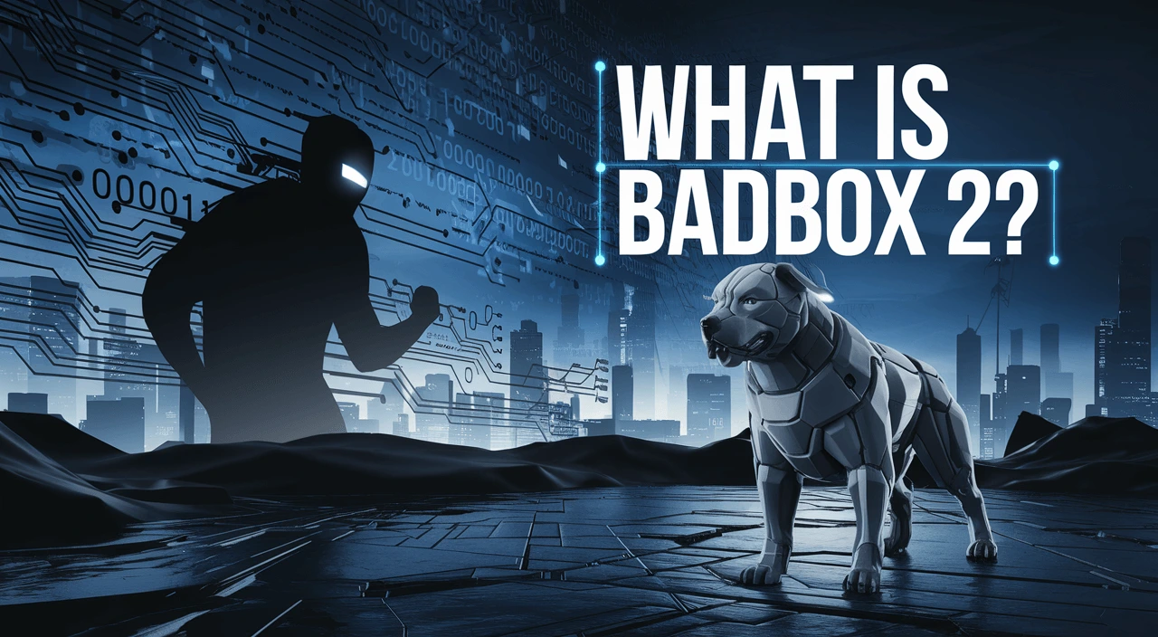 What is Badbox 2? – Illustration showing a robotic dog and a hacker silhouette in a digital cityscape, referencing a new malware threat.