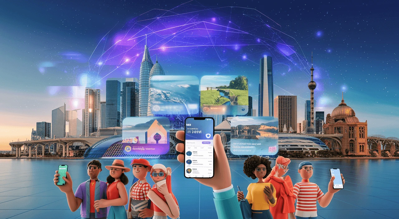 Best travel planning apps displayed on smartphones with diverse travelers and futuristic city backdrop