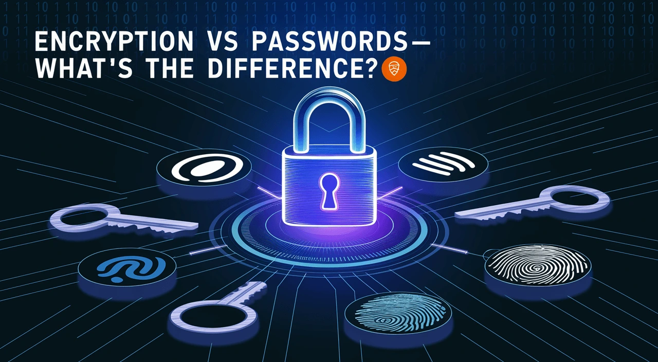 Illustration comparing encryption vs passwords explained with a central padlock surrounded by keys, fingerprints, and access symbols.