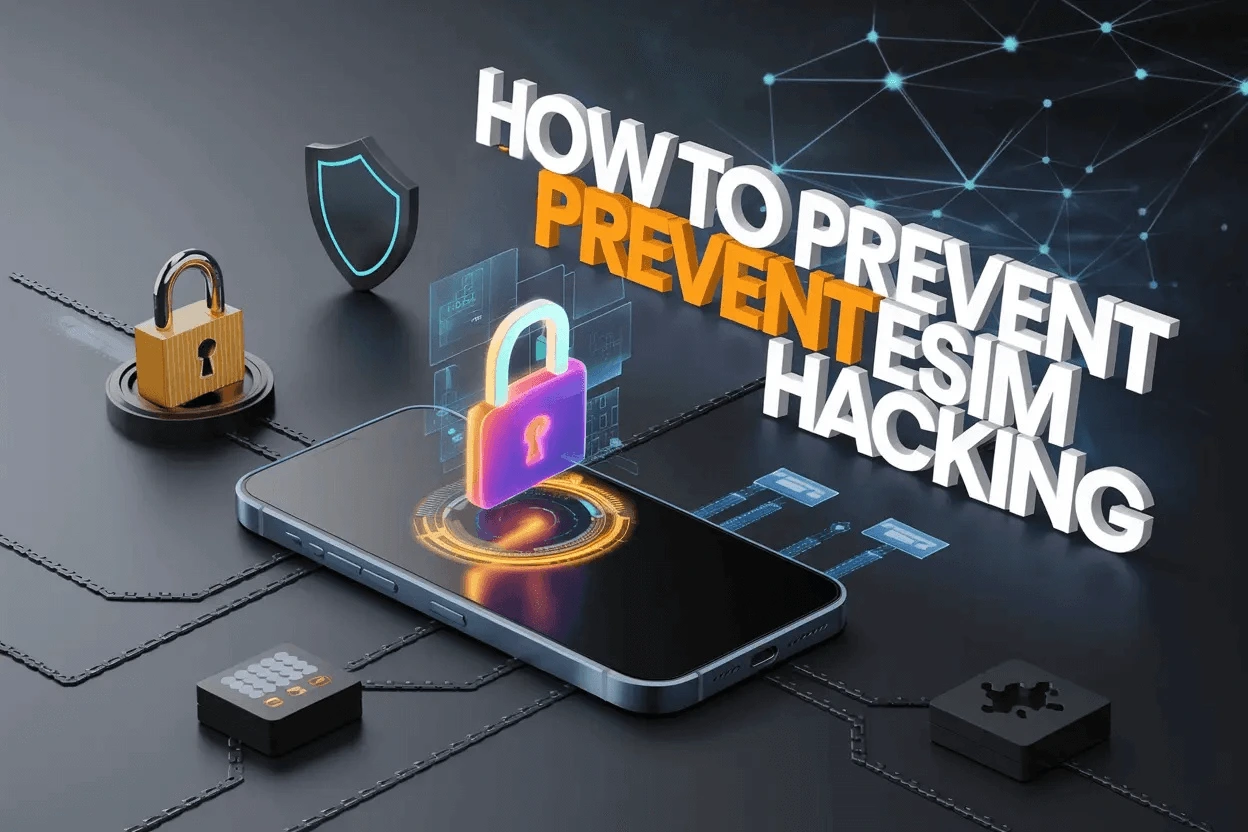 3D illustration showing a smartphone with a glowing digital padlock, surrounded by security icons, with the title "How to Prevent eSIM Hacking".