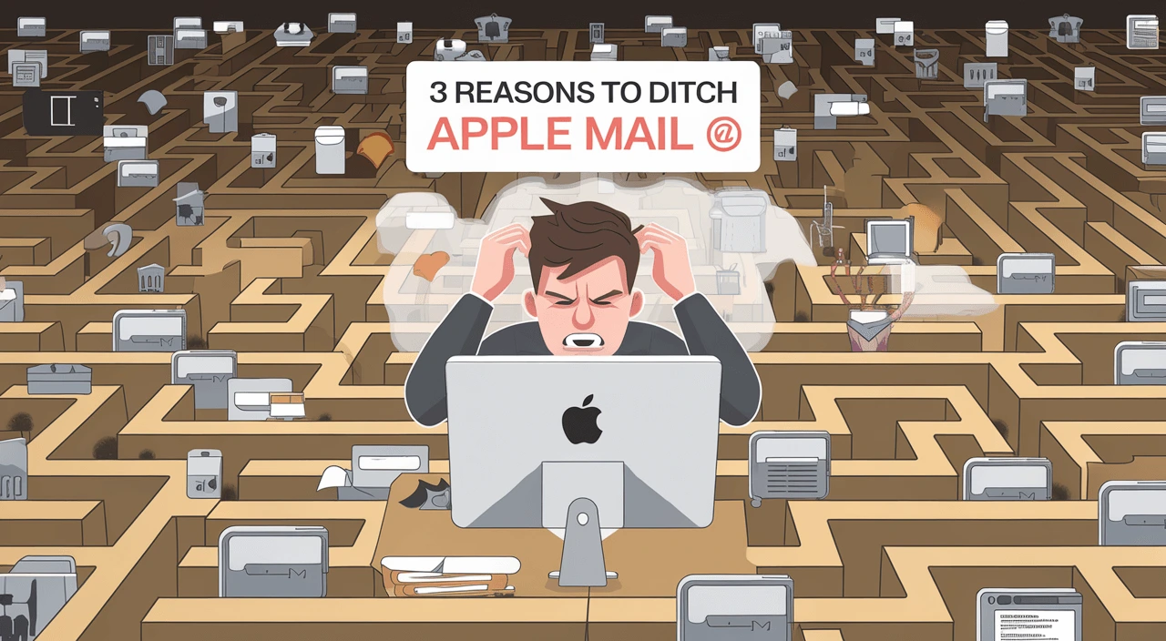 Frustrated user Apple Mail user in front of an Apple computer with maze of emails
