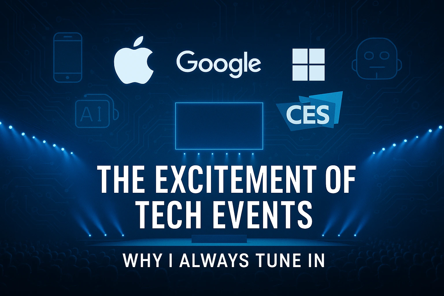 Stage with glowing blue lights and logos of major companies at Tech Events like CES, Apple, Google, and Microsoft