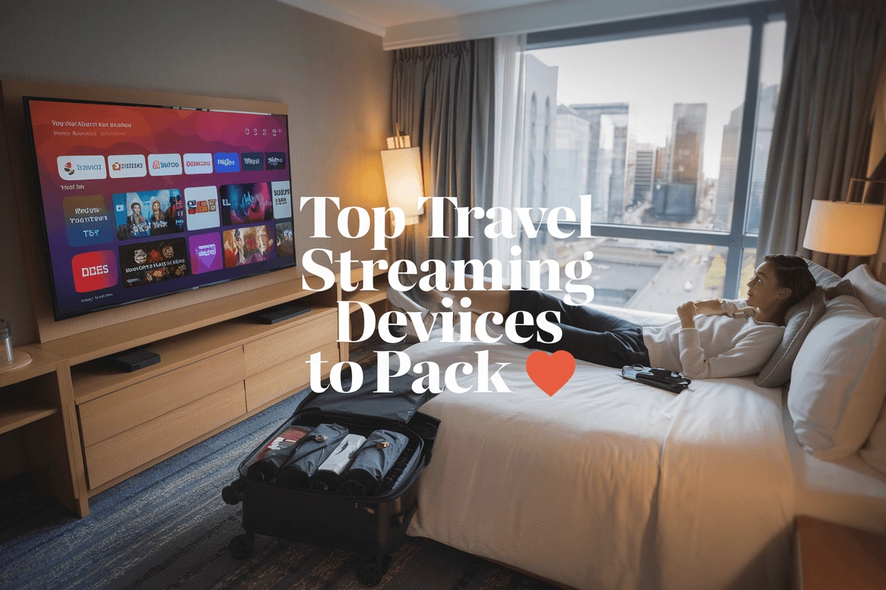 Woman watching TV in hotel room with suitcase open — Top Travel Streaming Devices to Pack
