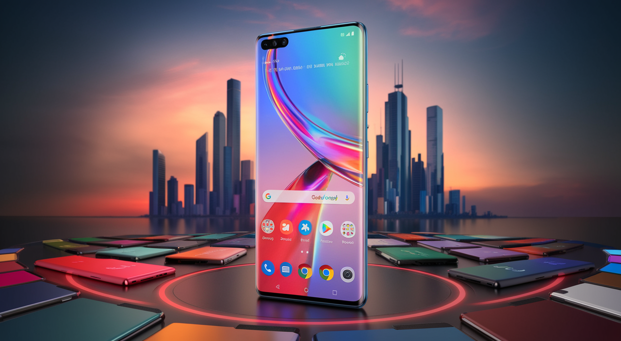 Futuristic smartphone with edge-to-edge display in customizable colors, surrounded by smart home integration and Google services.