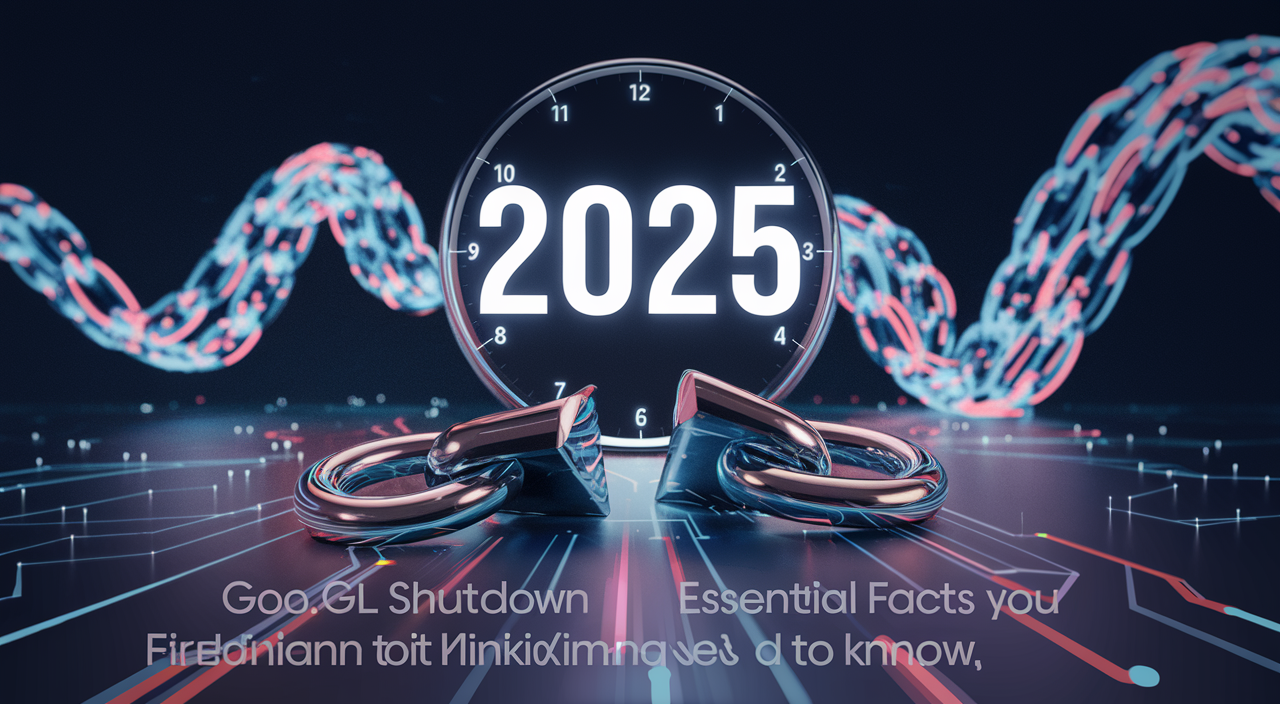 Digital landscape with "2025" countdown clock, broken chain, and interconnected nodes representing Goo.gl shutdown and new technologies.